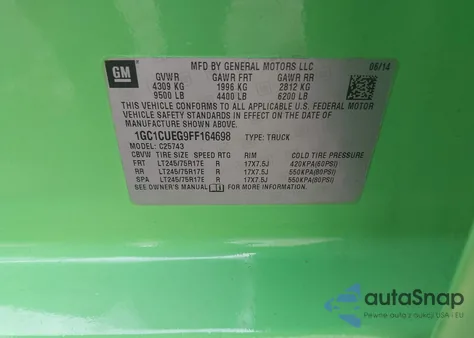 2015 Chevrolet Silverado 2500Hd Wt from USA, damaged, VIN 1GC1CUEG9FF164698